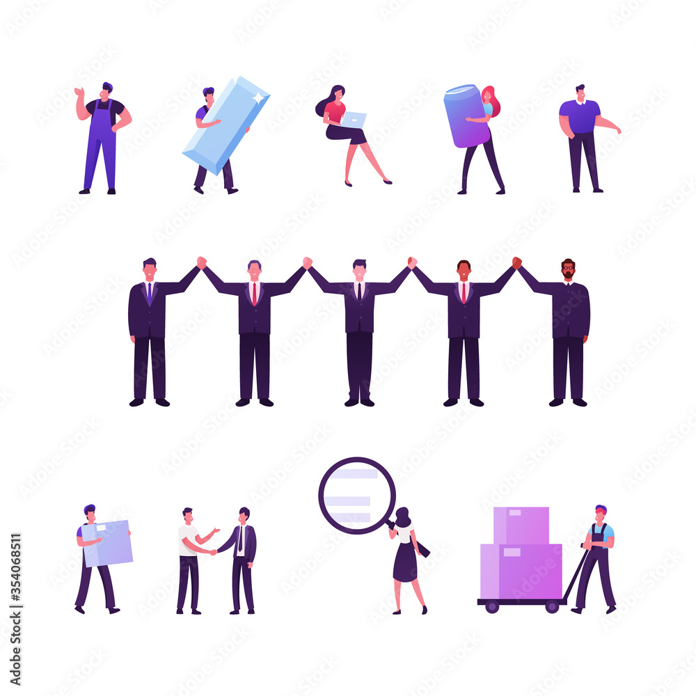 Set of Male and Female Characters Using Aluminium Metal, Brics Association Leaders Holding Hands, Men and Women Use Delivery Service Isolated on White Background. Cartoon People Vector Illustration Set of Male and Female Characters Using Aluminium Metal, Brics Association Leaders Holding Hands, Men and Women Use Delivery Service Isolated on White Background. Cartoon People Vector Illustration