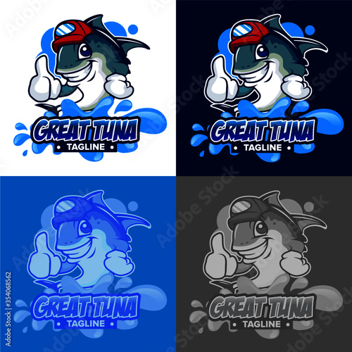 Cartoon tuna fish with hat and thumbs up in logo