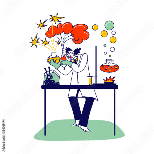 Mad Scientist Character with Glass Flasks and Beakers Conducting Experiments in Laboratory. Evil Personage Developing Elixir in Lab with Equipment and Strange Creatures. Linear Vector Illustration photo