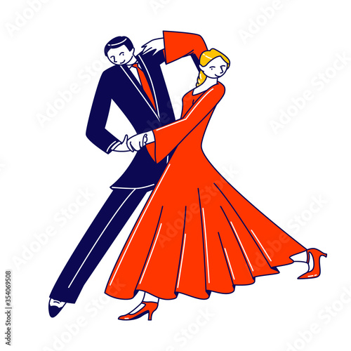 Dance Leisure, Sparetime, Performance or Hobby. Young Couple Dancing Waltz or Tango. People Active Lifestyle, Man and Woman Dancers Partners Characters Spend Time Together. Linear Vector Illustration