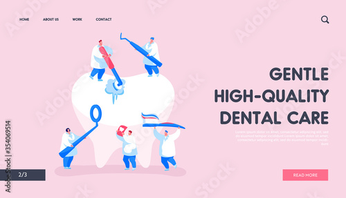 Dental Care Landing Page Template. Tiny Dentist Characters in Medical Robe Cleaning or Brushing Huge Teeth. Doctor Use Mirror. Health Care, Oral Treatment, Check Up. Cartoon People Vector Illustration © wooster