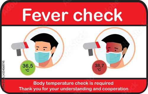 Fever check vector graphic illustration, simple flat body temperature check required sign during Covid-19 Outbreak or Coronavirus pandemic, measures the ambient and body temperature without contact.