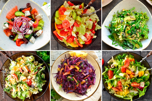 Collage of various summer vegetable salads. Vegetable salad close-up. Lattuk, tomatoes, cucumbers, avocados, ruccola. Top view