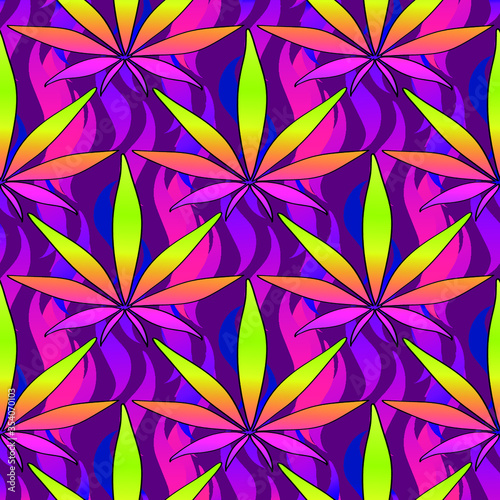 seamless texture cannabis marijuana pattern of cannabis leaves abstract bright rainbow on lilac background for print on fabric print and other things