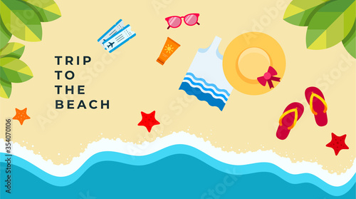 Trip to the beach colored vector illustration in flat design.