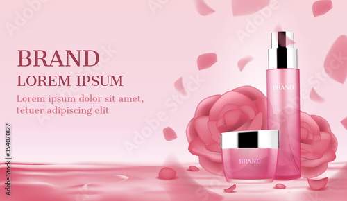 Pink Cosmetic products with roses and petals