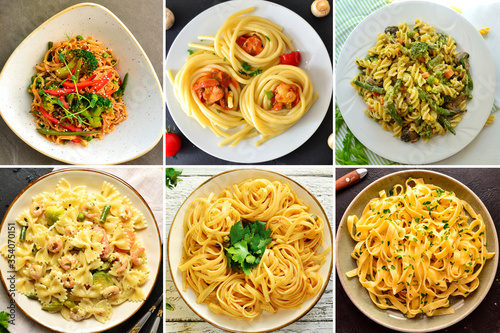 Italian Cuisine. Pasta Varieties of pasta and dishes. Food collage. Collage Pasta in the plate. top view