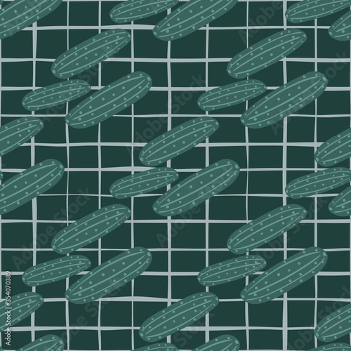 Geometric green cucumber seamless pattern on black background. Cucumbers vegetable endless wallpaper.