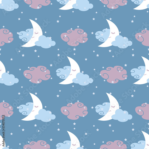Seamless pattern night illustration with moon and clouds on blue background with small stars