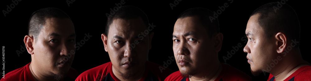 Obraz premium Set of portraits collage. Close-up portrait of an Asian man in the dark with half face lighting. Different angle view of a man face