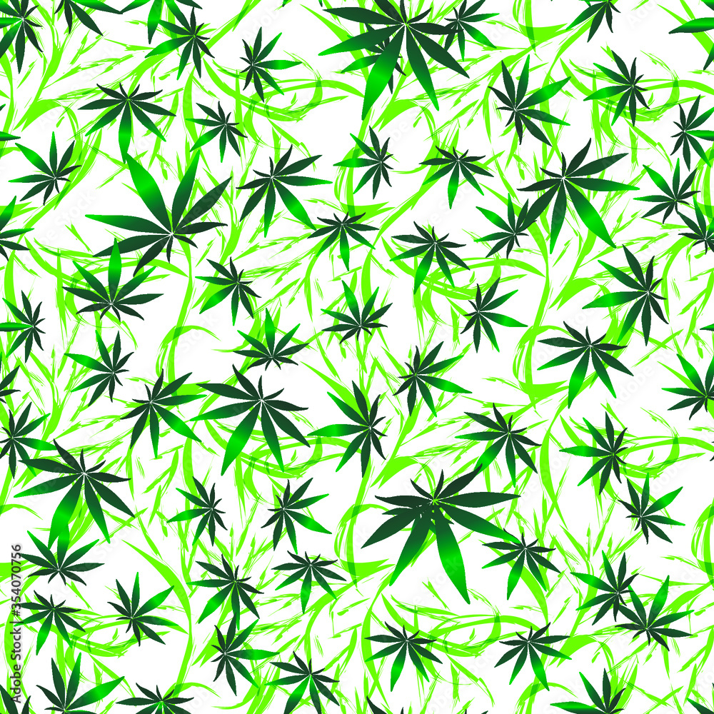 hemp cannabis and tropical leaves in a chaotic reggae seamless pattern great for wrapping paper tissue on a white background