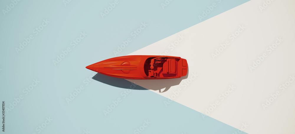 Obraz premium Minimal composition for adventure and summer concept. Top view of red speedboat on blue background. 3d rendering illustration.
