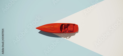 Minimal composition for adventure and summer concept. Top view of red speedboat on blue background. 3d rendering illustration. photo
