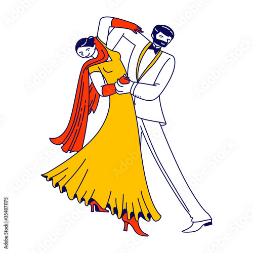 Young Couple Dancing Waltz or Tango. People Active Lifestyle, Man and Woman Dancers Partners Characters Spend Time Together. Dance Leisure, Sparetime, Performance or Hobby. Linear Vector Illustration