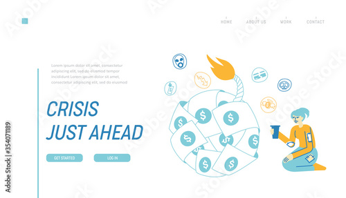 Global Economics Crisis Landing Page Template Female Character Sitting at Huge Bomb Made of Dollar Bills with Burning Fuse Panhandle with Cup in Hand. Financial Collapse. Linear Vector Illustration