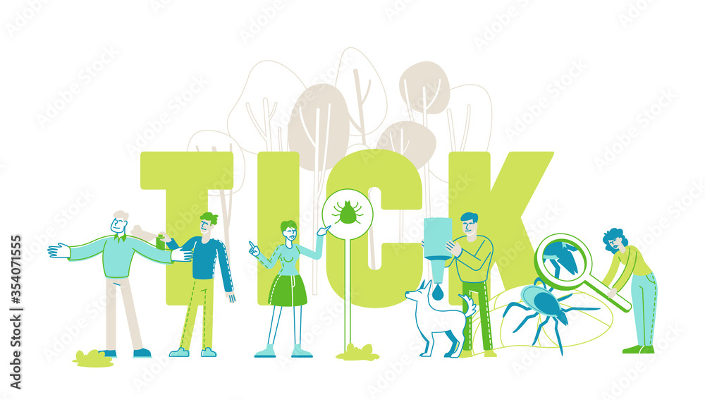 Encephalitis Mite, Tick Bite Protection Concept. Characters Search Dangerous Insect Hid on Plant, People Spraying Repellent on Skin and Dog Outdoor Poster Banner Flyer. Cartoon Vector Illustration