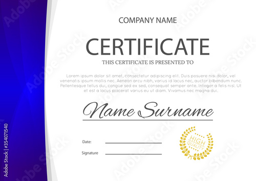 Modern blue or cyan color certificate or diploma A4 horisontal template design vector illustration mock-up. EPS 10