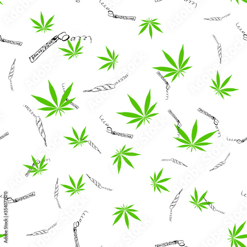 cannabis marijuana green leaves, cute doodle hand drawn ink drawing jambs smoking pipes seamless pattern for printing on textile, plastic phone cases gift paper packaging for medical herbs