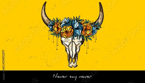 Animal skull and wreath of flowers sketch tattoo design. Hand drawn vector illustration