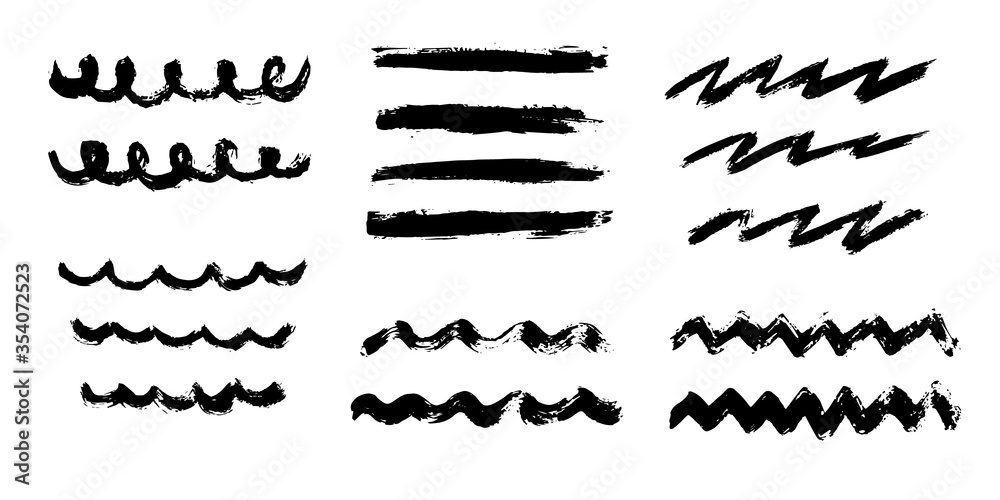 Vector set of freehand brush strokes. Abstract black doodle elements, isolated on white background. Ink splashes with grunge texture