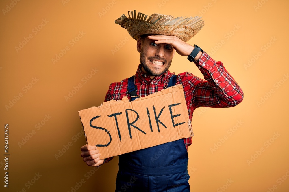 Young rural farmer man wearing countryside hat on strike prostest for ...