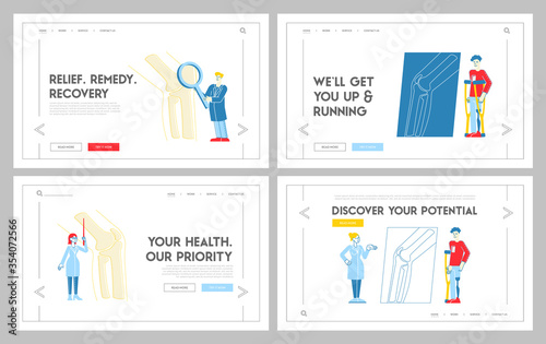 Orthopedics Concilium, Healthcare Landing Page Template Set. Doctor Traumatologist Characters Analyse Knee Joint Disease Discuss Patient Treatment with Colleagues. Linear People Vector Illustration