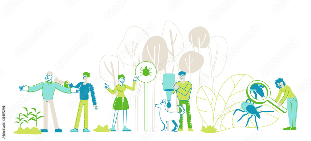 Encephalitis Mite, Tick Bite Protection Concept. Characters Search Dangerous Insect. Mite Hid on Plant Leaf, People Spraying Insect Repellent on Skin and Dog Outdoor. Linear People Vector Illustration Encephalitis Mite, Tick Bite Protection Concept. Characters Search Dangerous Insect. Mite Hid on Plant Leaf, People Spraying Insect Repellent on Skin and Dog Outdoor. Linear People Vector Illustration