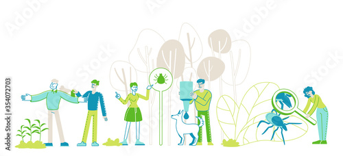 Encephalitis Mite, Tick Bite Protection Concept. Characters Search Dangerous Insect. Mite Hid on Plant Leaf, People Spraying Insect Repellent on Skin and Dog Outdoor. Linear People Vector Illustration