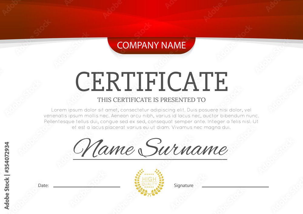 Fototapeta premium Modern red color certificate or diploma A4 horisontal template design vector illustration mock-up. EPS 10