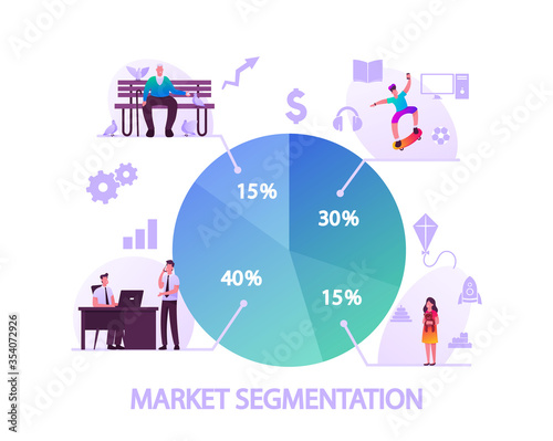 Market Segmentation Concept. People and Businessmen Characters Groups. Target Audience, Customer Care, Buyers Relationship Management. Selective Focus Infographics. Cartoon People Vector Illustration