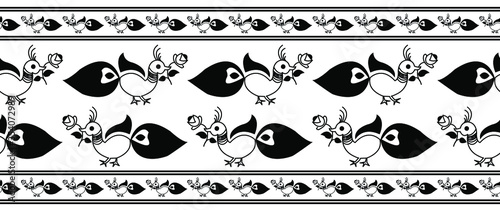 Saree Border Design Concept of Peacock Holding a Flower - Indian Traditional and Cultural Rangoli, Alpona, Kolam or Paisley vectro line art