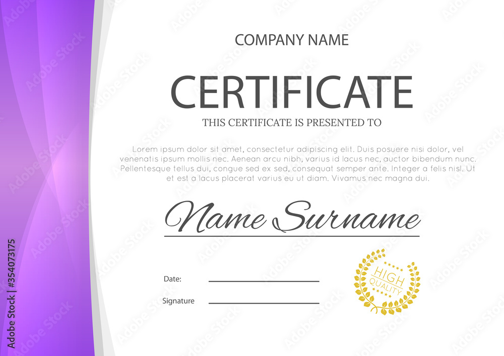 Fototapeta premium Modern pink or purple violet color certificate or diploma A4 horisontal template design vector illustration mock-up. EPS 10