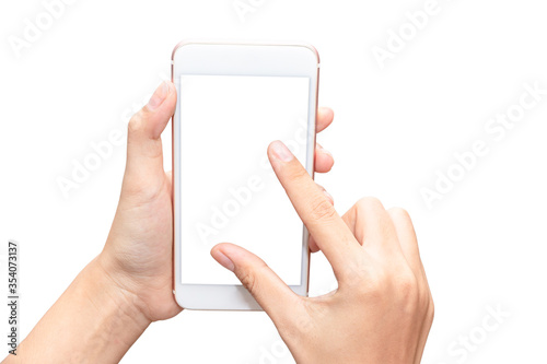 Close up women's hand holding smartphone and hand gesture zoom out with blank white screen for put it on your own webpage or message isolated on white background