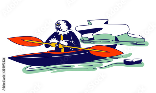 Eskimo Male Character in Traditional Warm Clothing Floating on Kayak with Paddles at Frozen Sea with Broken Ice Pieces. Life in Far North. Inuit Esquimau Fishing Outdoors. Linear Vector Illustration