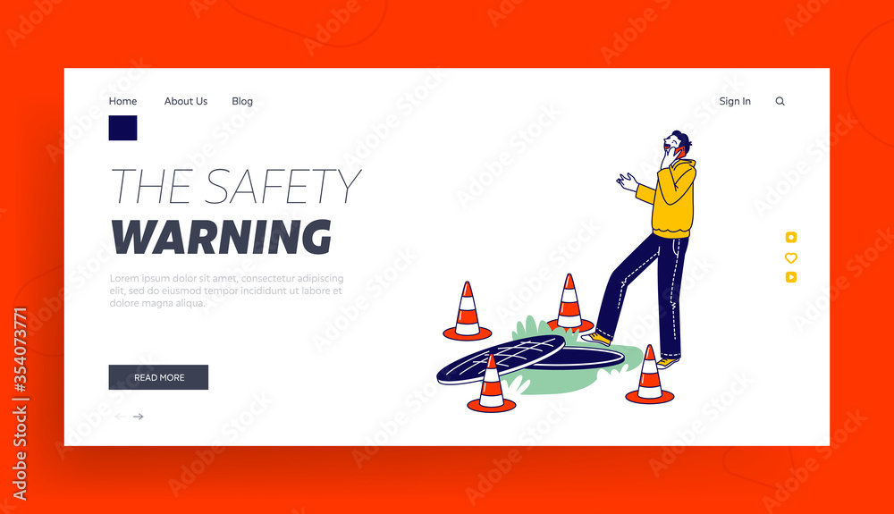 Harmful Gadget Impact Landing Page Template. Human Carelessness, Unmindful Male Character Step into Road Manhole Speak by Smartphone Ignoring Traffic Cones. Danger on Road. Linear Vector Illustration