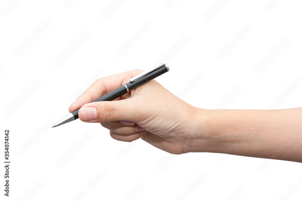 Close up women's hand holding pen and writing on virtual screen isolated on white background. Copy space for text Close up women's hand holding pen and writing on virtual screen isolated on white background. Copy space for text