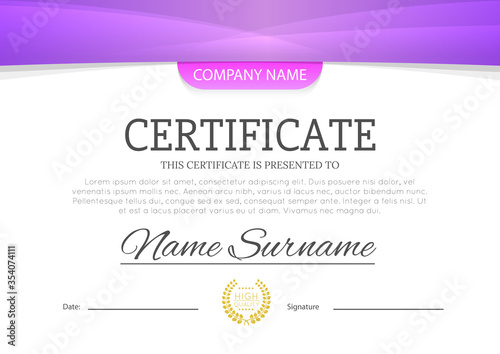 Modern pink or purple violet color certificate or diploma A4 horisontal template design vector illustration mock-up. EPS 10
