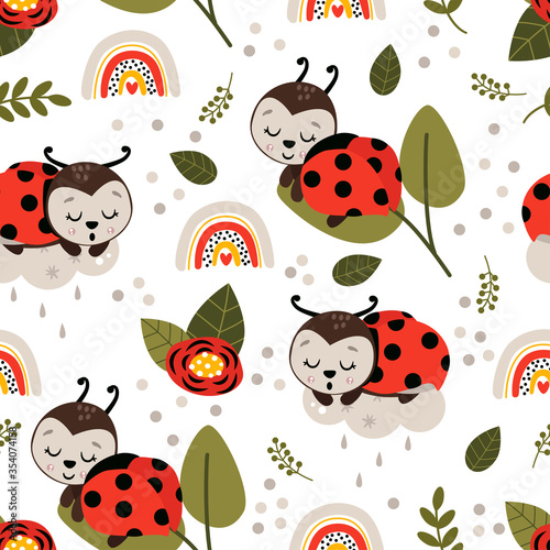 seamless pattern with cute ladybug on a cloud - vector illustration  eps