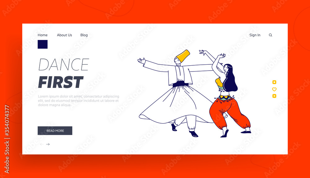 Arabic Dance Landing Page Template. Whirling Dervish in Traditional Outfit and Girls in Arab Dress Dancing with Raising Hands. Characters Moving Body, Muslim Artist. Linear People Vector Illustration