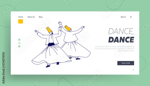 Arab Turkish Dance Landing Page Template. Whirling Dervish Characters in Traditional Outfit Dancing Holy Month of Muslim Community, Ramadan Kareem Celebration. Linear People Vector Illustration