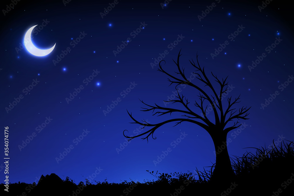Gradient starry night background with crescent moon, stars, dark sky ...