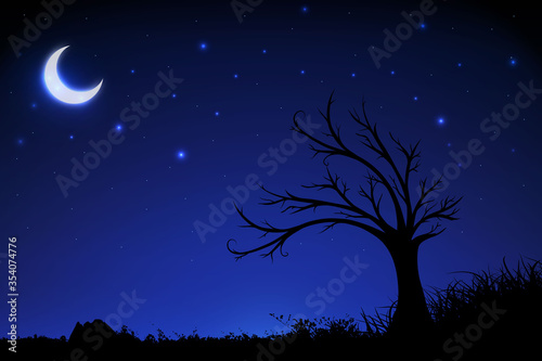 Gradient starry night background with crescent moon, stars, dark sky, tree silhouette and grass silhouette. Widescreen starry night background. Landscape night background