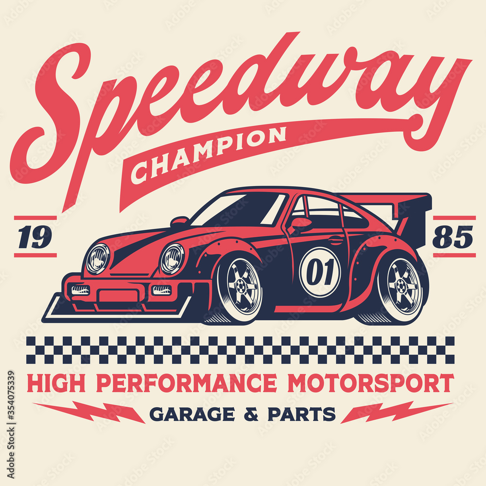 Plakat projekt koszulki w stylu retro z samochodu wyścigowego
