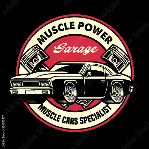 vintage shirt design of muscle car garage badge