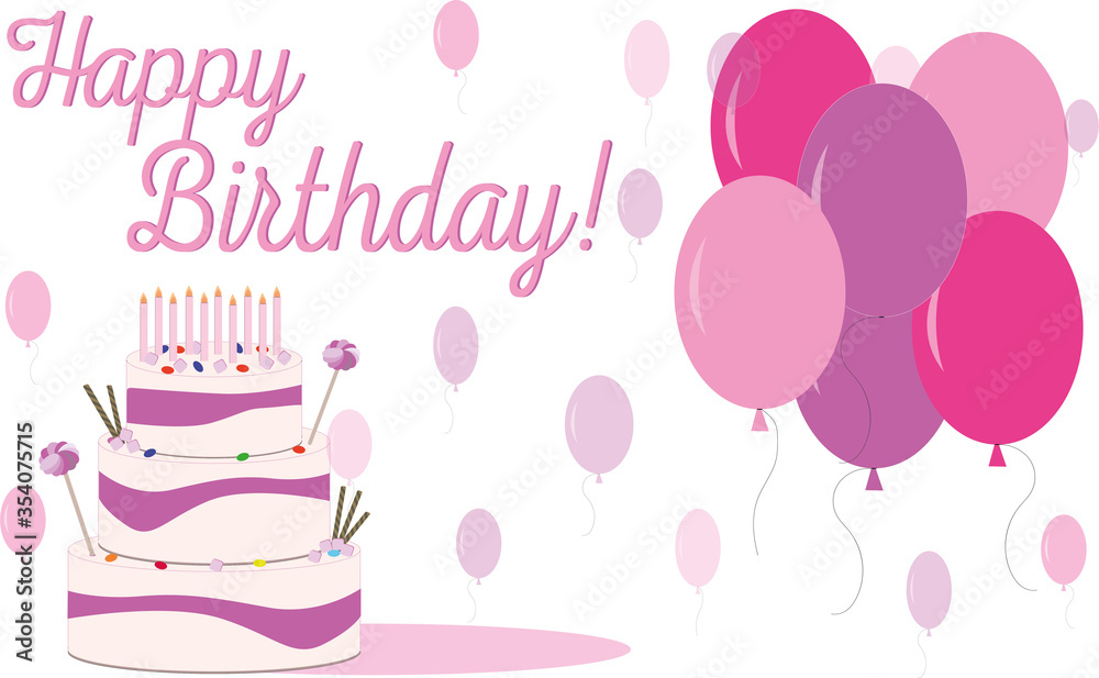 a pink cake with balloons and candles a pink cake with balloons and candles