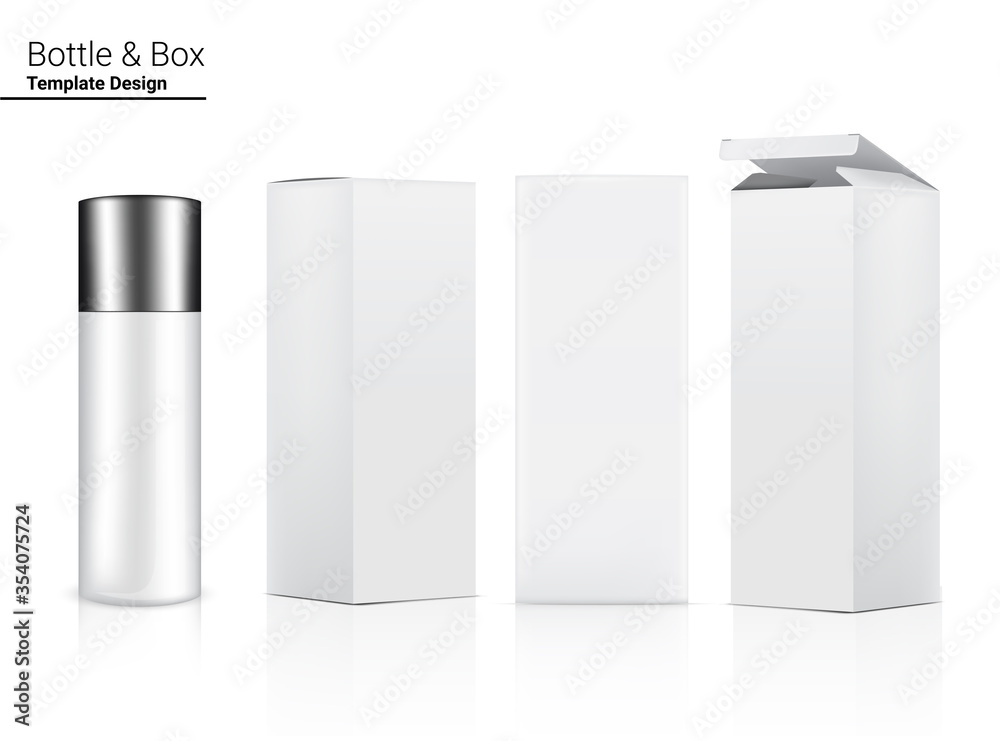 Glossy Bottle Mock up Realistic Cosmetic and 3 Dimensional Box for Skincare and Aging anti-wrinkle or  Food merchandise on White Background Illustration. Health Care and Medical.