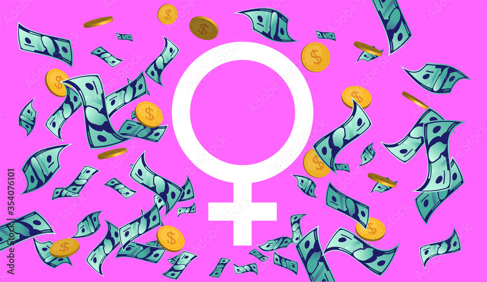 Female gender symbol and money - Woman sign on pink background with lots of paper bills and coins flying around. Wealth, rich, great income and girl power concept. Vector illustration. Female gender symbol and money - Woman sign on pink background with lots of paper bills and coins flying around. Wealth, rich, great income and girl power concept. Vector illustration.