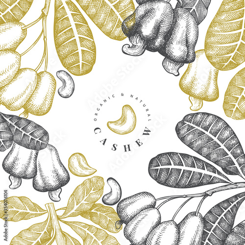 Hand drawn sketch cashew design template. Organic food vector illustration on white background. Retro nut illustration. Engraved style botanical background.