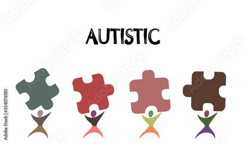 Human cartoon holding puzzle up over head with text autistic isolated on white background 