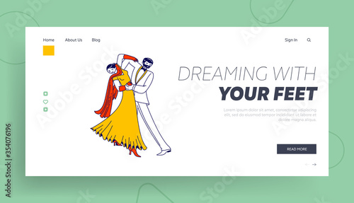 Young Couple Dancing Waltz or Tango Landing Page Template. People Active Lifestyle, Man and Woman Dancers Partners Characters Spend Time Together. Dance Leisure, Sparetime. Linear Vector Illustration